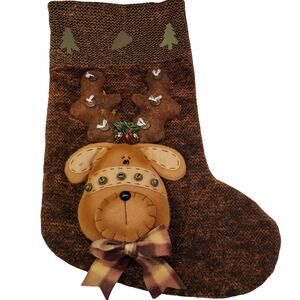 Vintage Christmas Moose Velvet Christmas Stocking 18" Brown Velvet